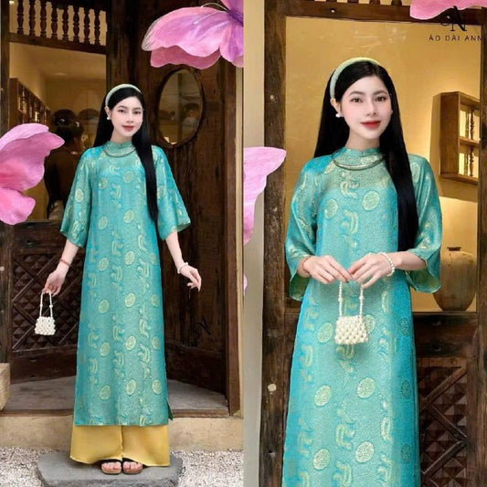 K168 5692 Áo only no pants - Áo dài dáng suông lụa gấm màu xanh ngọc