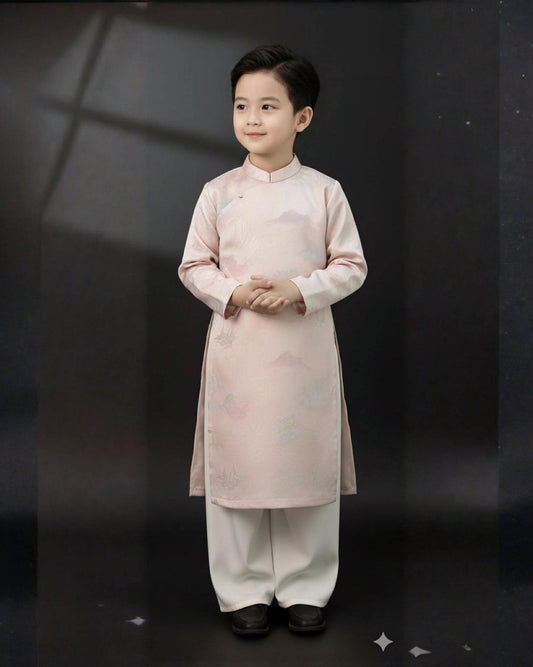 BT65 2092 Áo only - Áo dài bé trai gấm trắng hồng