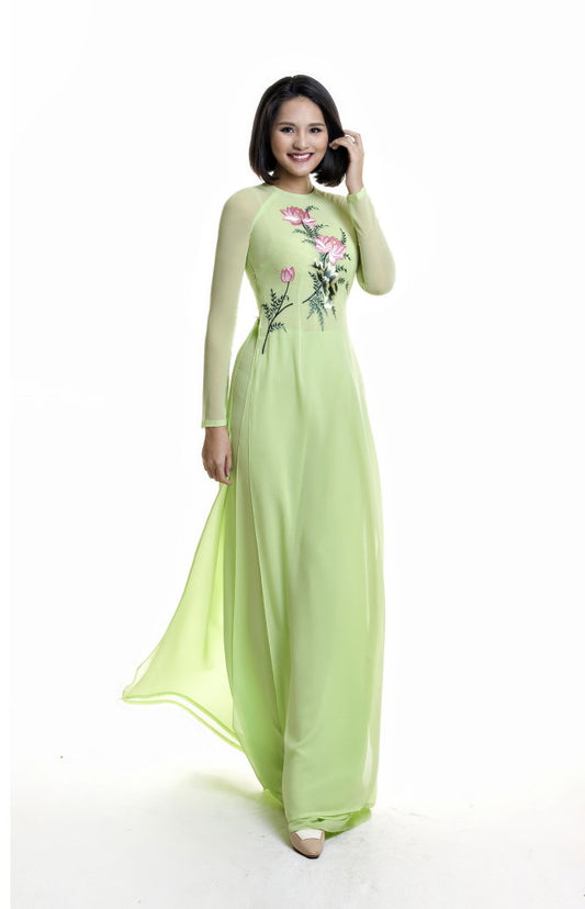 C56 5076 Áo + quần chiffon - Áo dài chiffon 4 tà thêu hoa màu xanh bơ