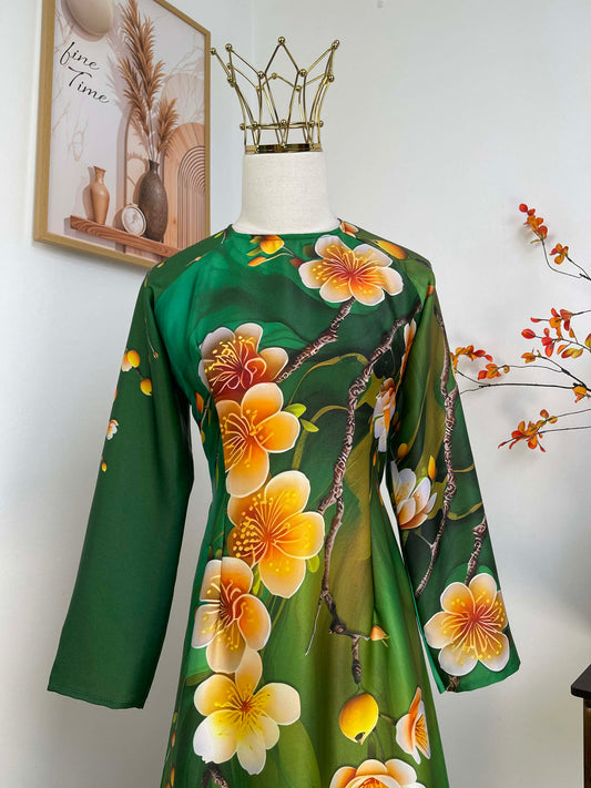 H435 1941 Áo only - Áo dài lụa ánh sao màu xanh lá