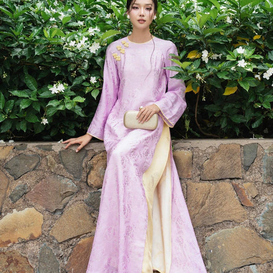 K96 5257 Áo only no pants - Áo dài dáng suông 4 tà lụa gấm thọ dơi