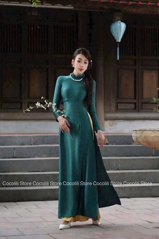 T447 only áo - Áo dài lụa ruby Xanh Cổ vịt