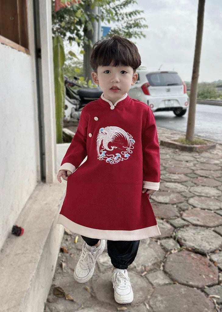 BT101 Áo only no pants - Áo dài bé trai nhung tăm thêu màu đỏ