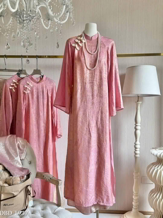 H493 1972 Áo + quần tằm - Áo dài dáng suông tằm ánh kim 2 tà màu hồng