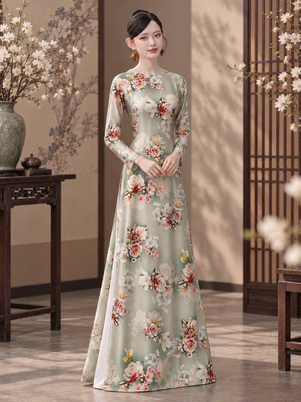 K208 5713 Áo only no pants - Áo dài dáng truyền thống chiết li eo