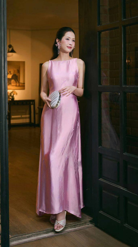 V74 5654 - Đầm dáng dài sát nách lụa nha xá trơn