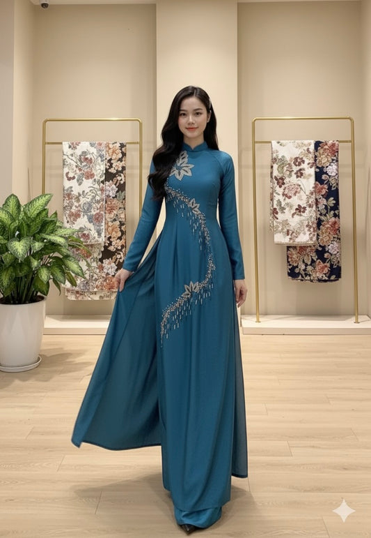 S227 Áo only - Áo dài lụa indo đính kết hoa dây màu xanh