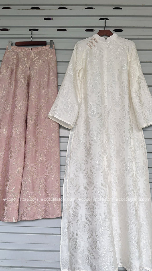 M2551 2165 Áo + quần cùng chất - Áo dài dáng suông lụa gấm thọ dơi 2 tà màu trắng