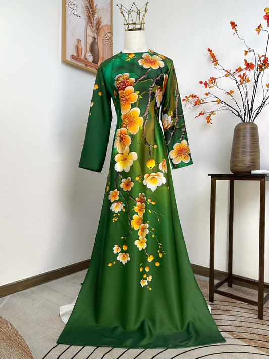 H435 1941 Áo only - Áo dài lụa ánh sao màu xanh lá