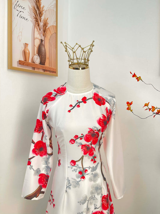 H488 1968 Áo only - Áo dài Tết lụa ánh sao màu trắng hoa đỏ