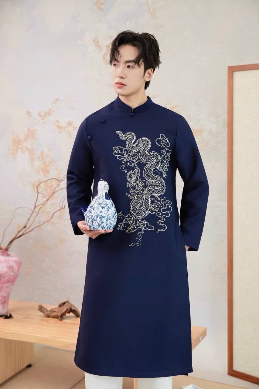 B209 5904 - Áo dài nam tafta thêu màu xanh than