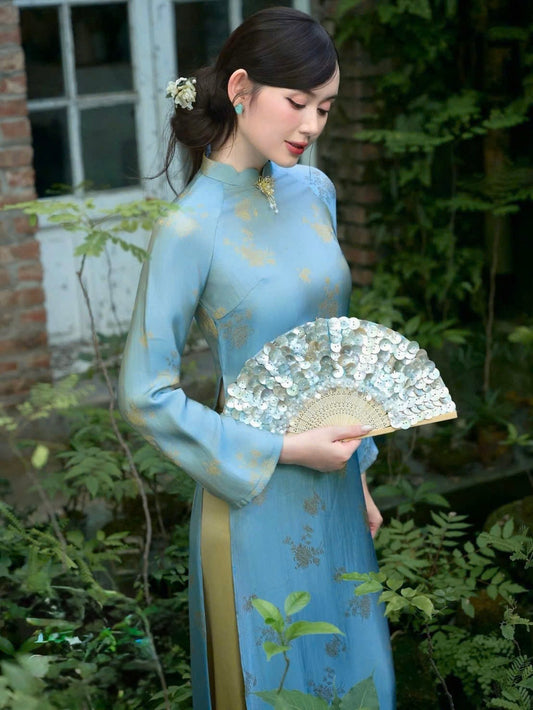 K301 6049 Áo only no pants - Áo dài dáng suông lụa tằm dạ cúc