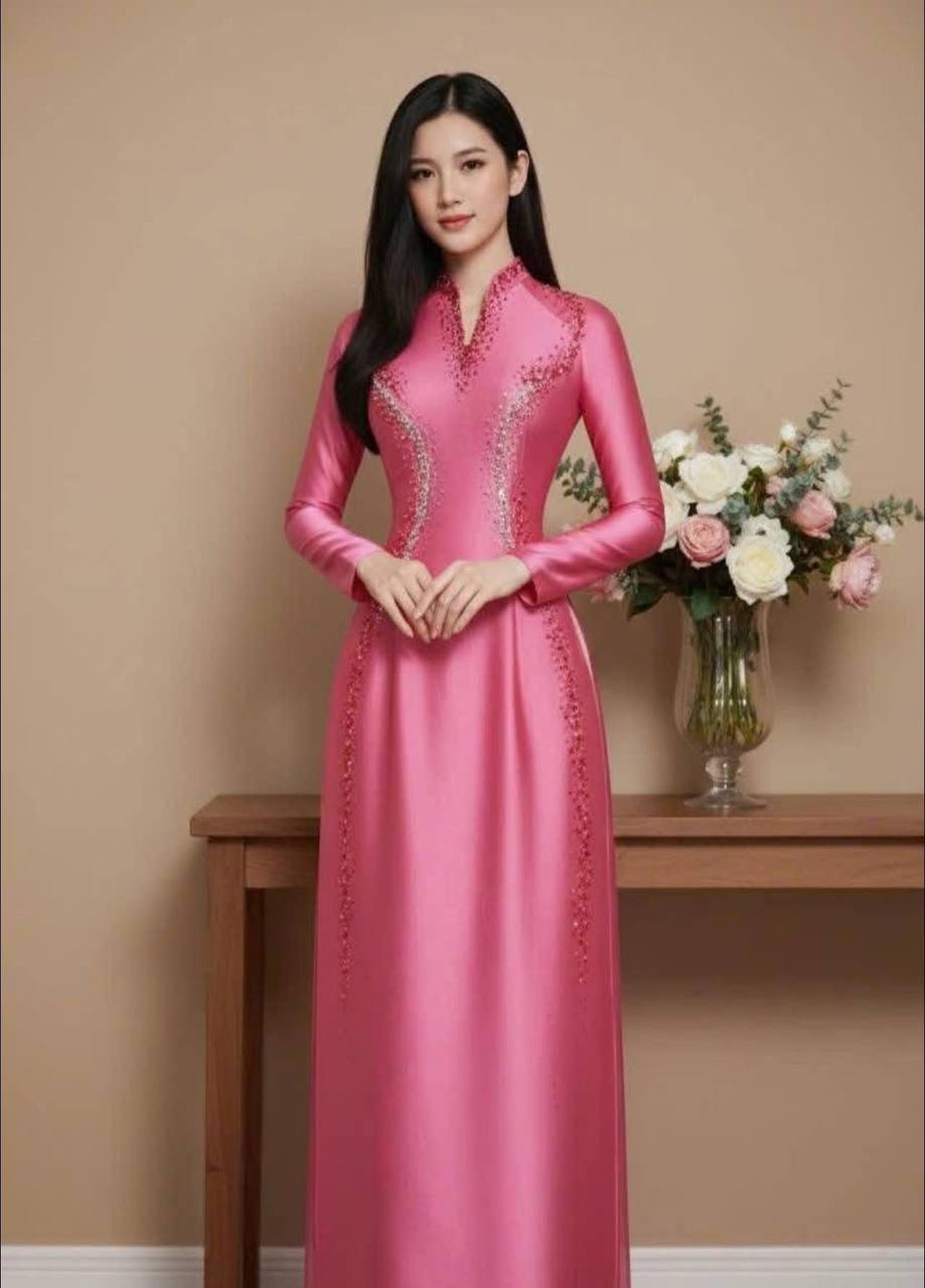 S362 Áo only no pants - Áo dài dáng truyền thống chiết li eo lụa bảo ngọc màu hồng nhạt đính kết