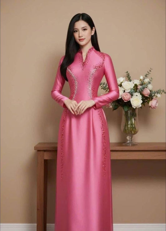 S362 5418 Áo only no pants - Áo dài dáng truyền thống chiết li eo lụa bảo ngọc màu hồng nhạt đính kết