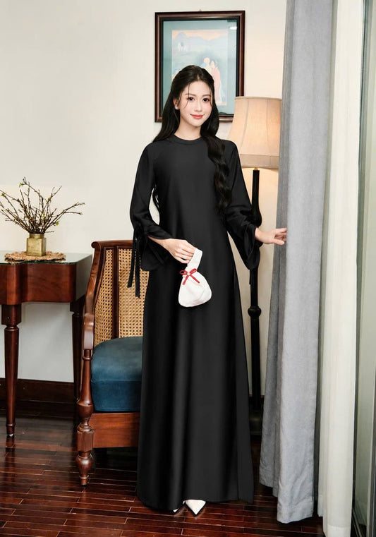 K233 5750 Áo only no pants - Áo dài dáng suông 2 tà lụa tô châu màu đen