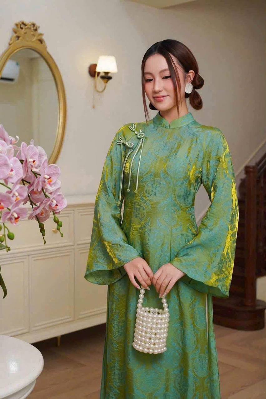 K81 Áo only no pants - Áo dài dáng truyền thống chiết li eo lụa ánh kim tằm tencel