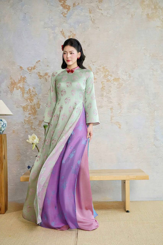 K244 5833 Áo only no pants - Áo dài dáng truyền thống chiết eo 4 tà lụa tằm tam liên
