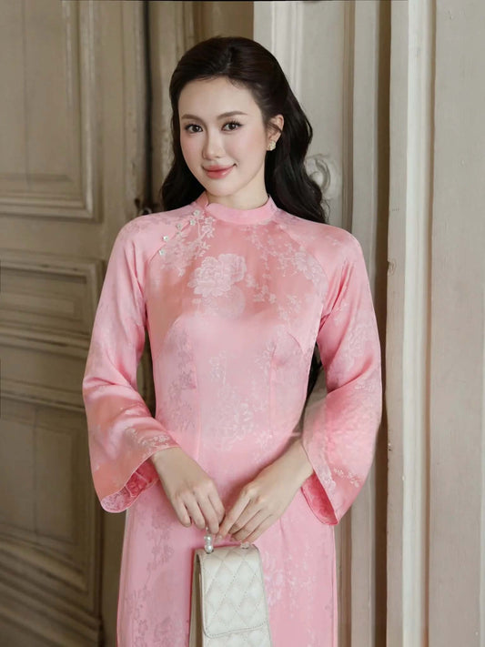 H842 4428 Áo only no pants - Áo dài dáng truyền thống chiết li lụa gấm màu hồng