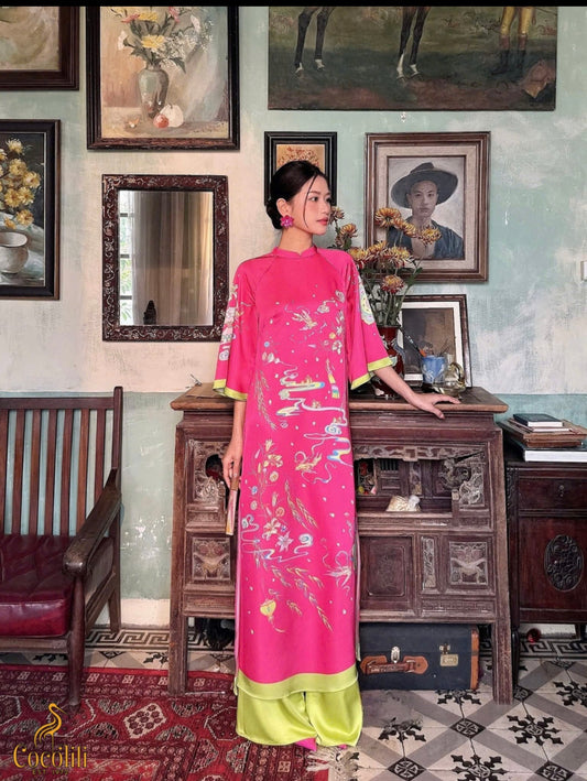 M178 2188 Áo hồng sen - Áo dài cách tân dáng suông + quần xanh lá