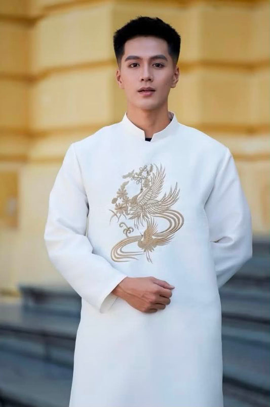 B167 4111 only áo - Áo dài nam thêu phượng hoàng màu trắng