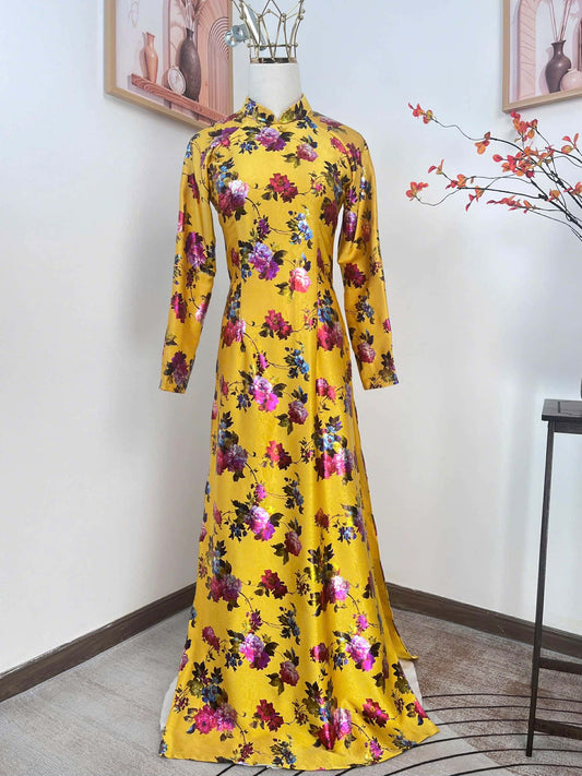 H498 1977 Áo only - Áo dài lụa dubai hoa màu vàng