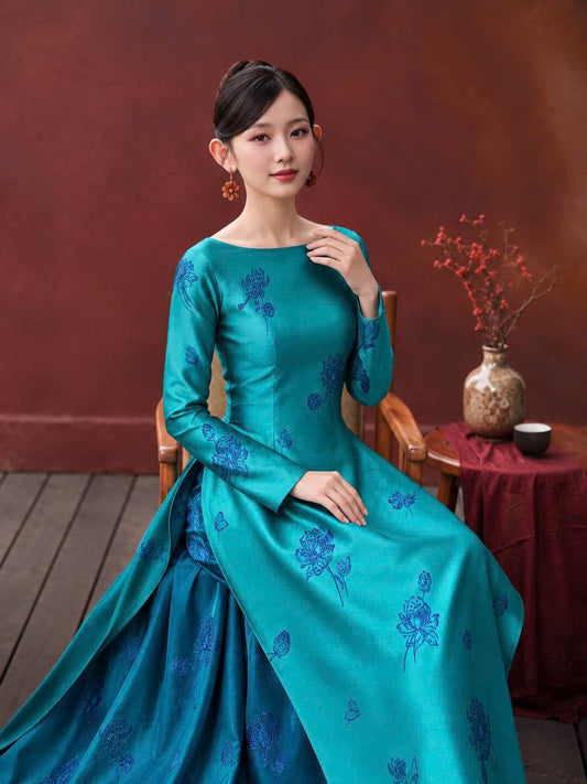 K188 Áo only no pants - Áo dài dáng truyền thống lụa tằm sen dạ cúc màu cổ vịt