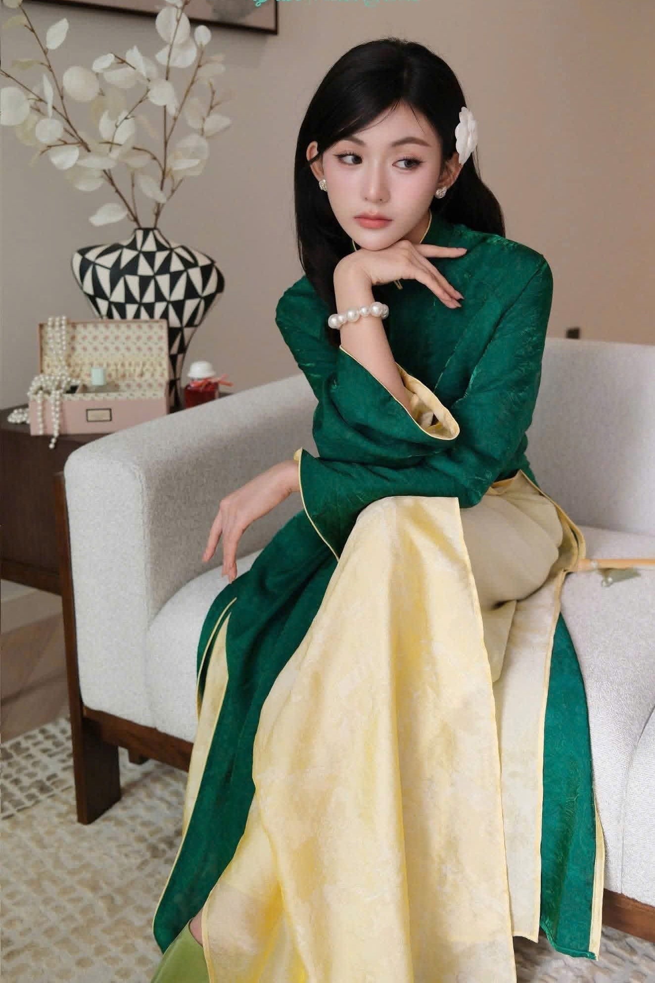 M276 2130 Áo Only - Áo dài dáng suông 4 tà lụa ánh kim tencel màu xanh đậm