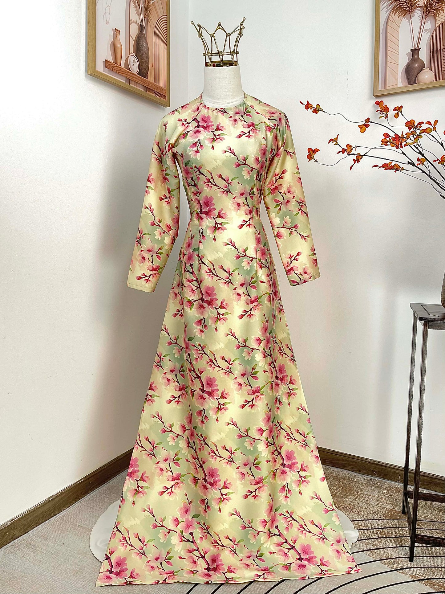 H487 1967 Áo only - Áo dài Tết lụa ánh sao hoa đào