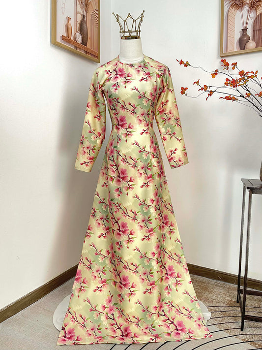 H487 1967 Áo only - Áo dài Tết lụa ánh sao hoa đào