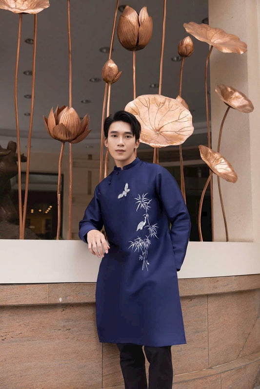 B90 - Áo dài nam Nam trúc màu xanh than