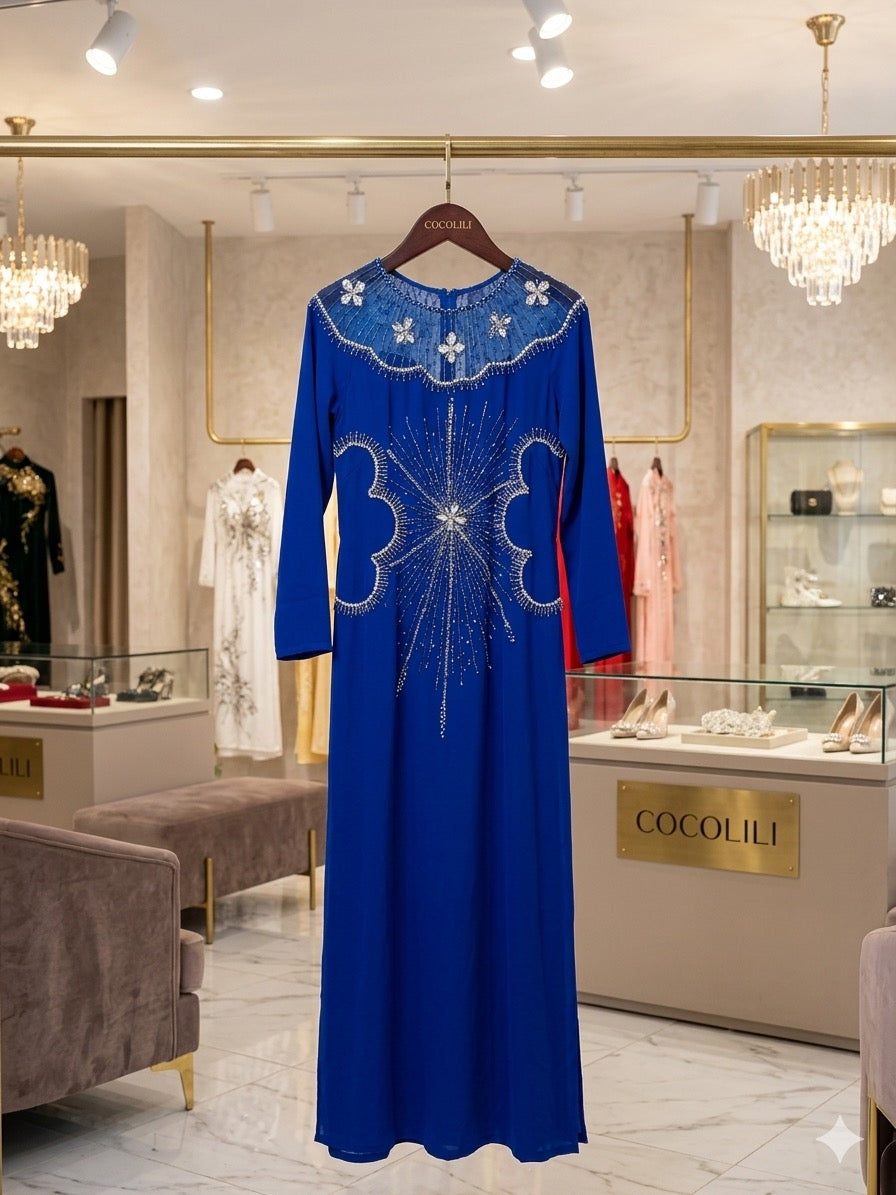 S20261 Áo only no pants - Áo dài thiết kế xanh coban đính kết