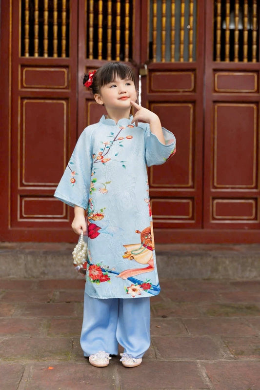 BG160 Áo + quần - Áo dài bé gái gấm nổi in hoạ tiết