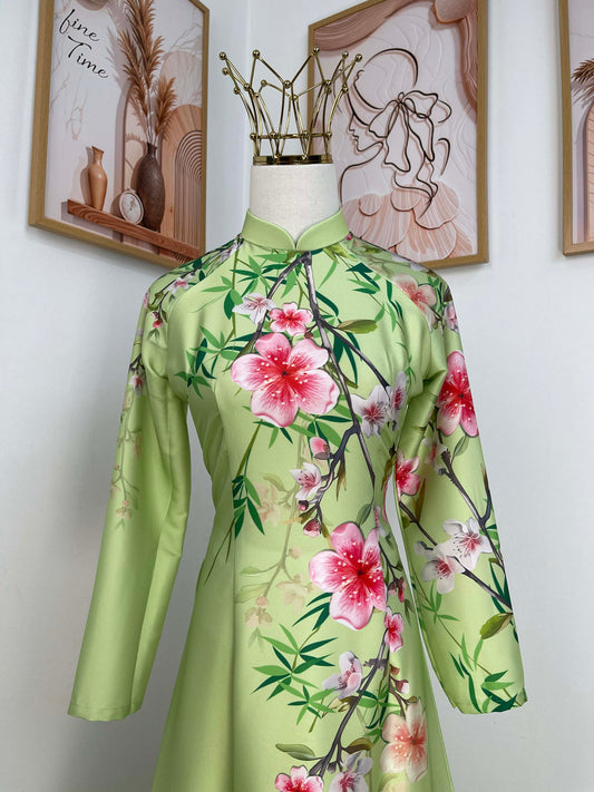 H409 1768 Áo only - Áo dài lụa kim sa phú quý màu xanh