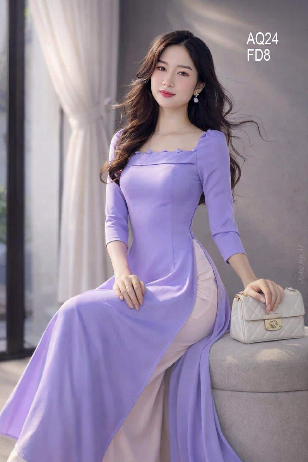 AD8072 3783 Áo Dài cổ vuông cúc bọc tím cà
