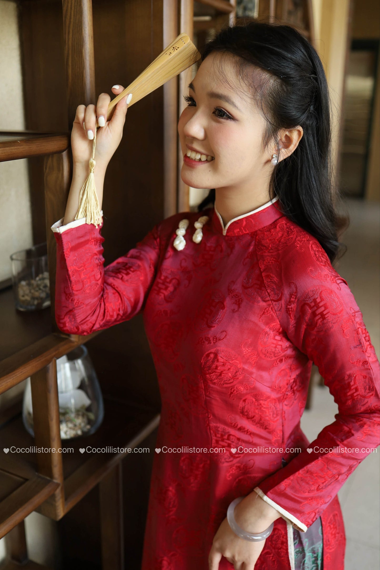 HD24 2163 Áo + quần - Áo dài lụa nha xá Hà Đông dáng truyền thống màu đỏ kèm quần tím