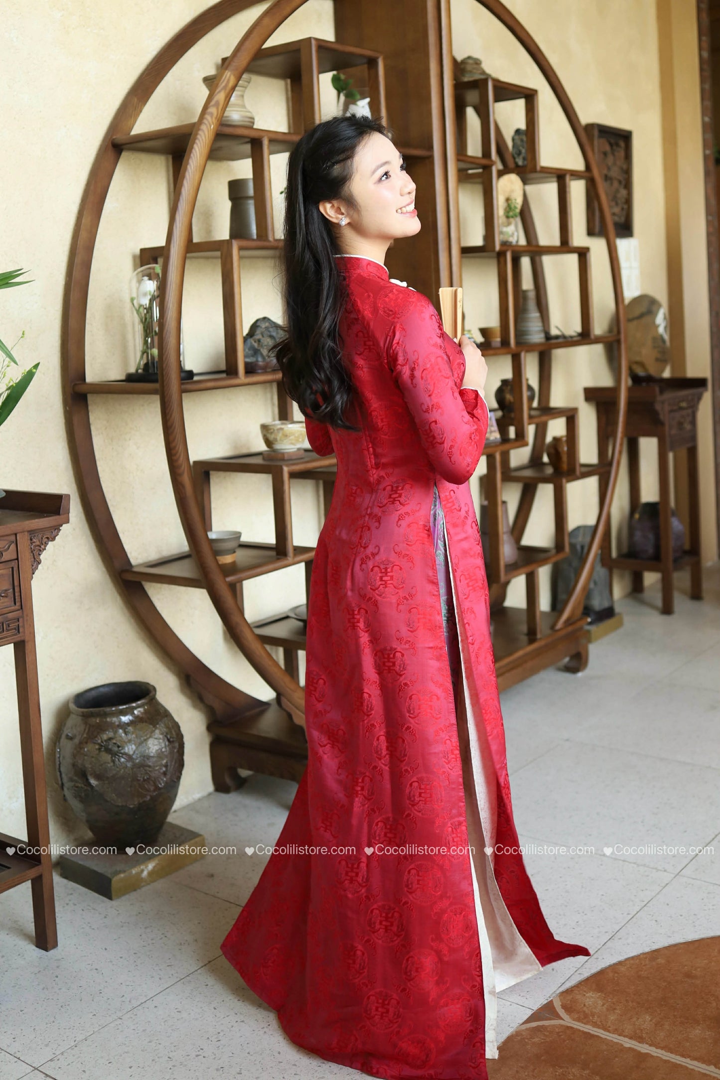 HD24 2163 Áo + quần - Áo dài lụa nha xá Hà Đông dáng truyền thống màu đỏ kèm quần tím