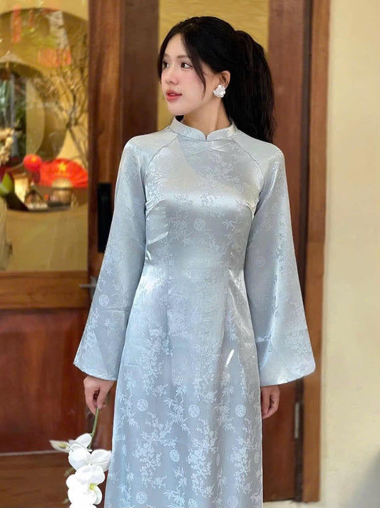 H681 3755 Áo only no pants - Áo dài dáng truyền thống chiết li eo lụa gấm trúc hỷ