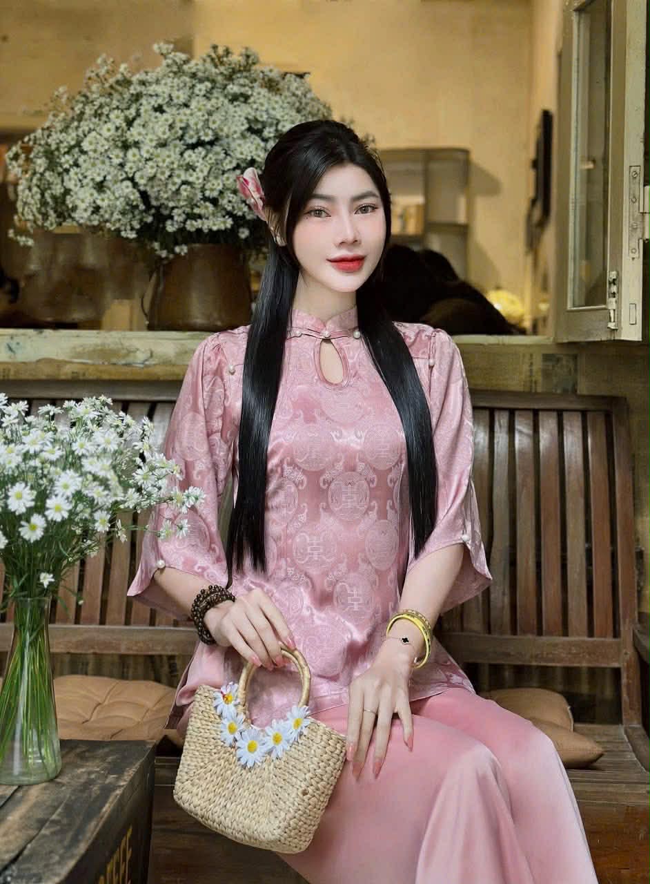 BB125 3707 - Set bà ba lụa gấm thọ dơi cổ giọt lệ màu hồng