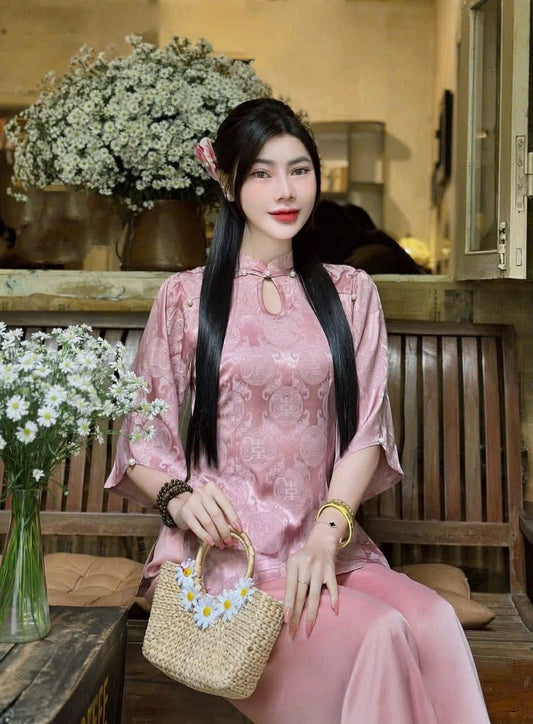 BB125 3707 - Set bà ba lụa gấm thọ dơi cổ giọt lệ màu hồng