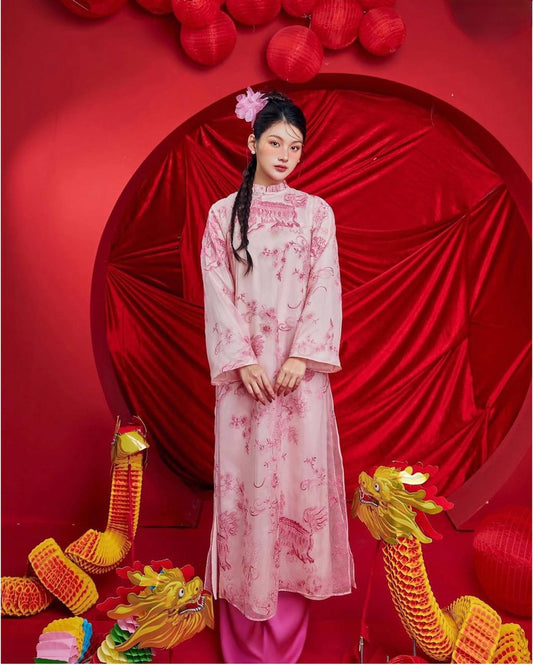 K235 Áo only no pants - Áo dài dáng suông tơ thêu lân