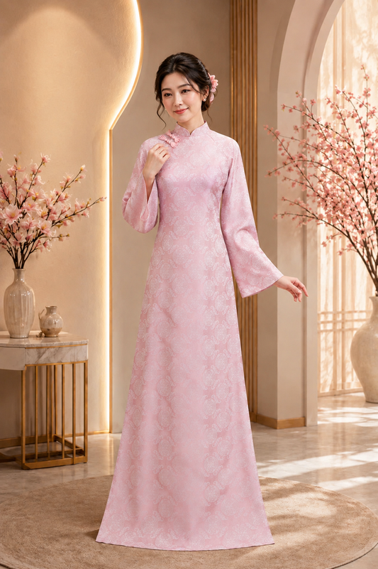 K152 5392 Áo only no pants - Áo dài dáng suông lụa gấm thọ dơi