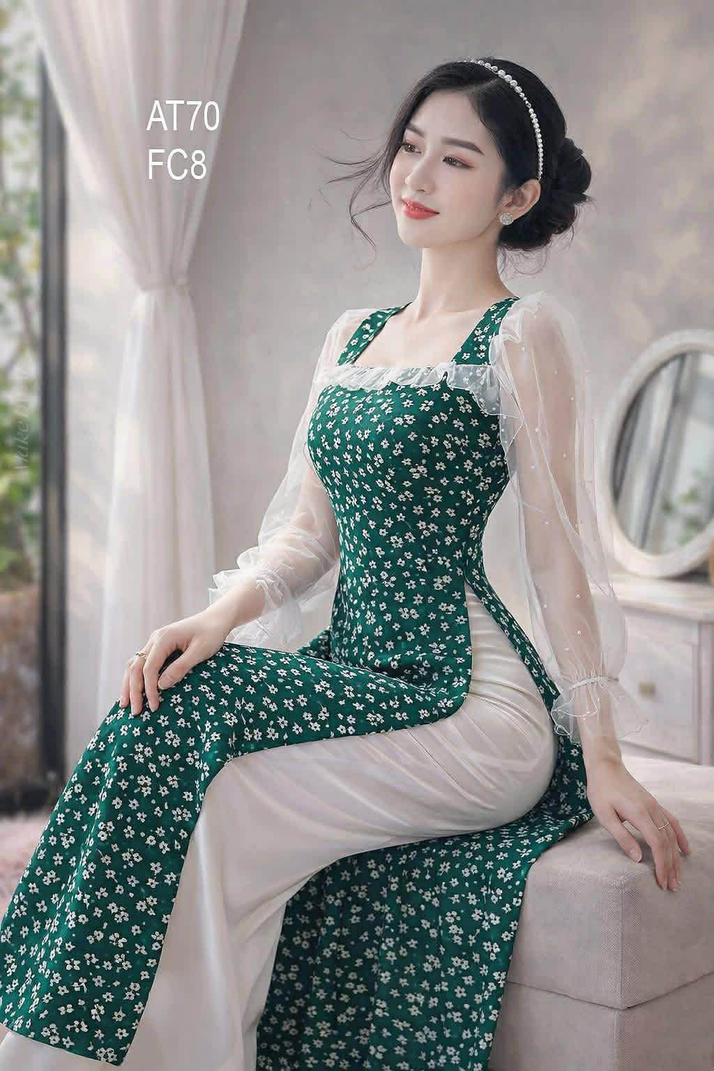 AD8073 3784 Áo Dài vải tăm tay lưới xanh