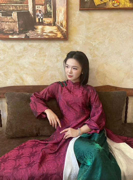 H508 1995 Áo + quần tằm - Áo dài dáng suông tằm ánh kim thọ dơi 4 tà màu tím cẩm