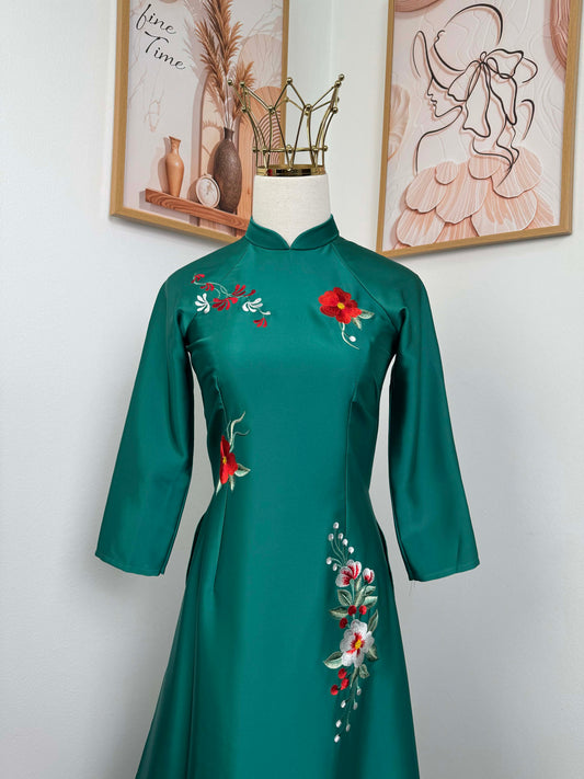 H411 1944 Áo only - Áo dài lụa ánh sao thêu màu xanh