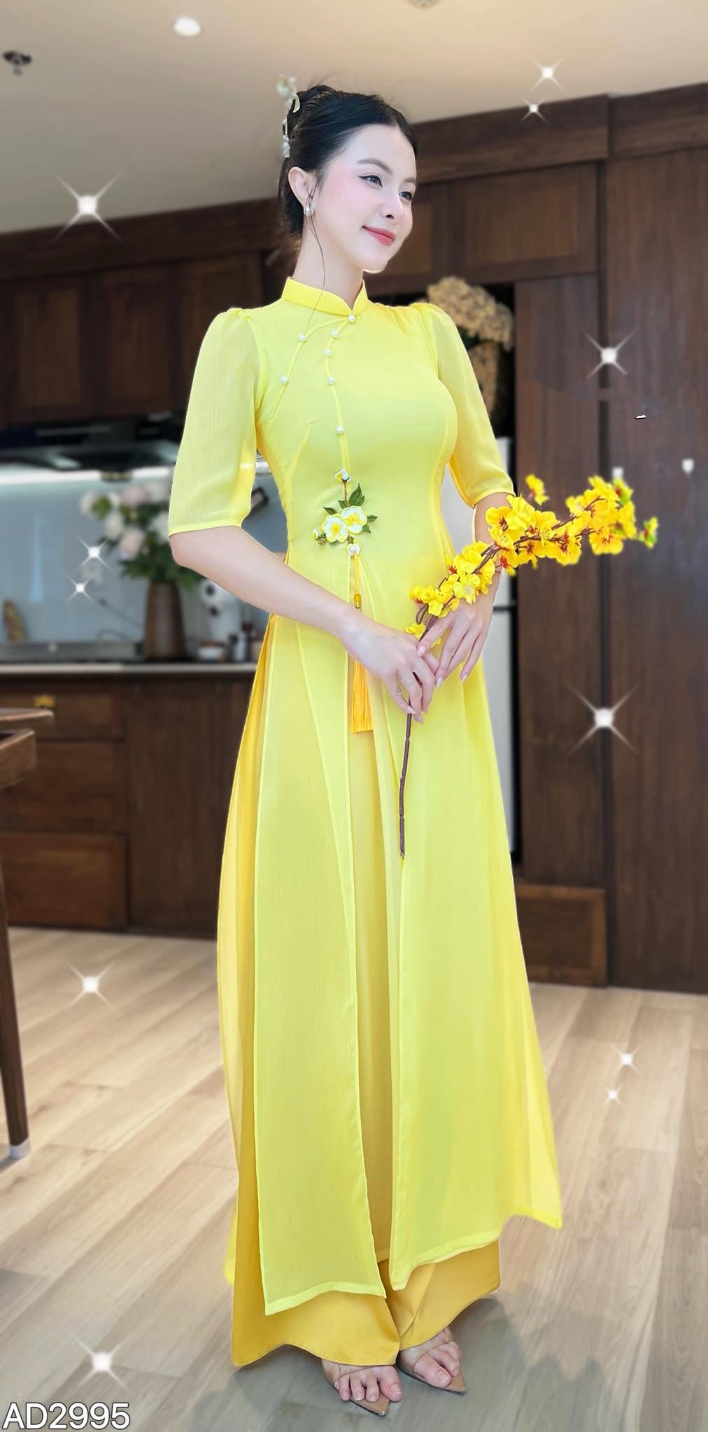 AD2995 2384 Áo VÀNG + quần - Áo Dài 4 tà CÀNH LỘC XUÂN