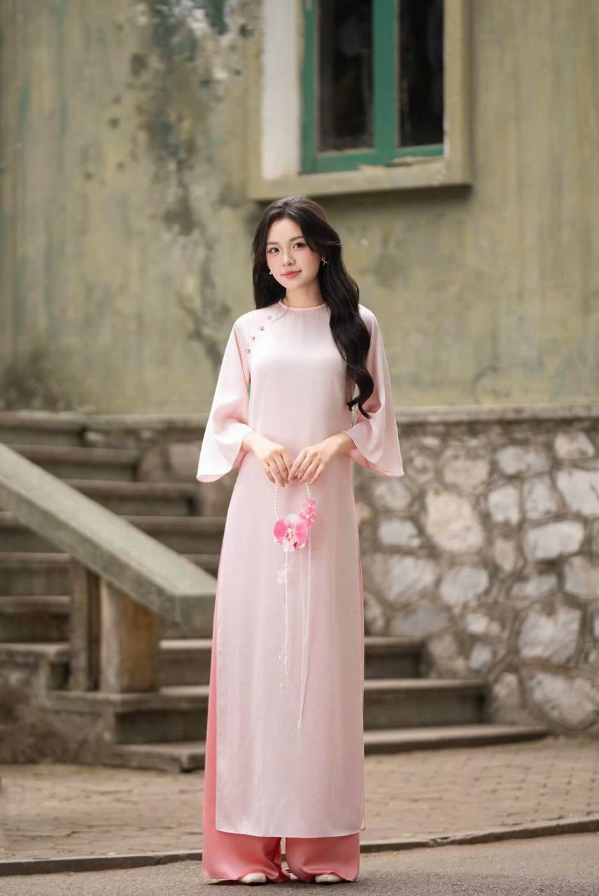 K86 Áo only no pants - Áo dài dáng suông 2 tà màu hồng phấn