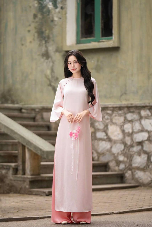 K86 5249 Áo only no pants - Áo dài dáng suông 2 tà màu hồng phấn