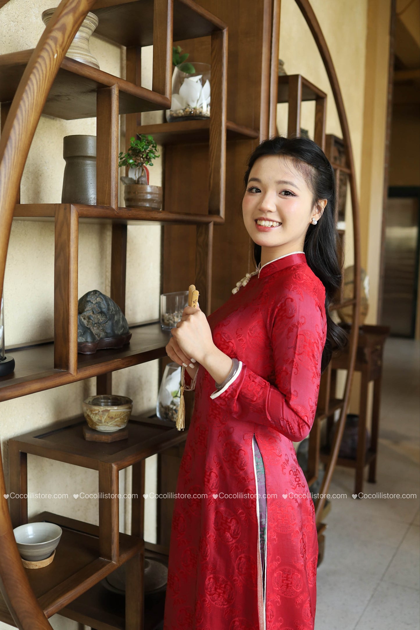 HD24 2163 Áo + quần - Áo dài lụa nha xá Hà Đông dáng truyền thống màu đỏ kèm quần tím