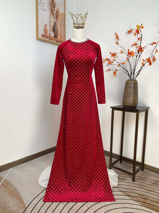 H471 1903 Only áo - Áo dài Nhung nhũ caro đỏ đậm đính cổ pha lê