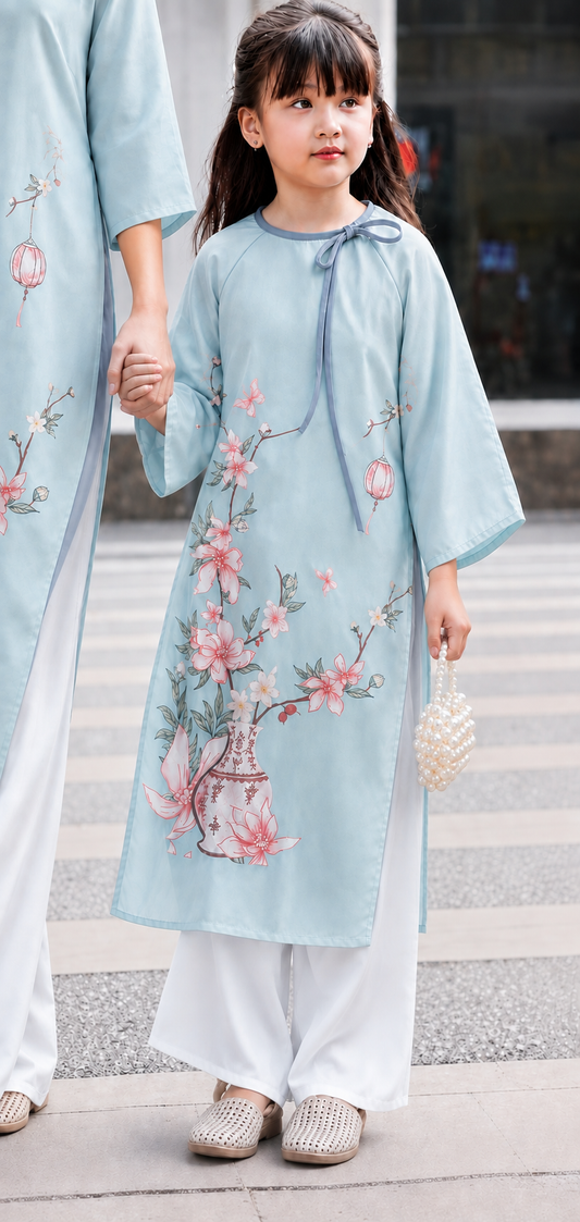 BG109 Áo + quần - Áo dài bé gái tơ in màu xanh